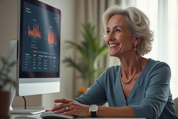 Donna matura serena che consulta un wearable che monitora i suoi parametri vitali